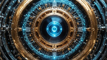 Obraz premium Detailed Abstract Circular Mechanism with Gears and Glowing Elements Representing Complex Technology, Engineering Precision, and Innovation