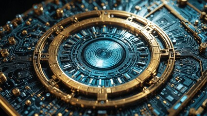 Fototapeta premium Detailed Abstract Circular Mechanism with Gears and Glowing Elements Representing Complex Technology, Engineering Precision, and Innovation