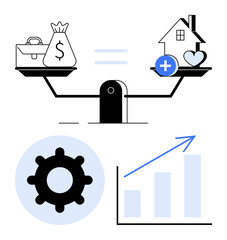 Scales balancing a briefcase, money bag with a house, heart cogwheel and upward graph. Ideal for work-life balance, financial planning, personal growth, career, productivity lifecycle success. Flat