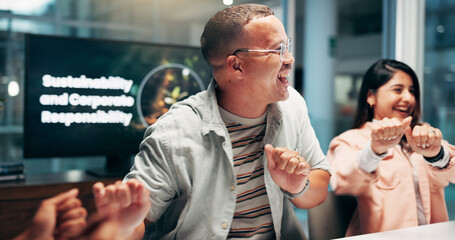 Business people, dance and celebration in promotion, announcement or negotiation success at office. Excited group of employees, smile and movement for sustainability, prize or responsibility contract