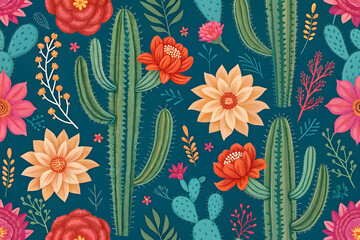 Vibrant Mexican Cactus Floral Pattern Colorful Desert Blooms with Festive Southwestern Style