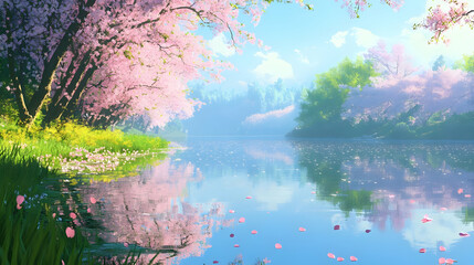 Tranquil Lake with Cherry Blossoms in Spring