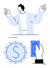Person gestures confidently while speaking, accompanied by large coin and hand holding cash icon. Ideal for finance, investment, leadership, transactions, business, economy savings. Flat simple