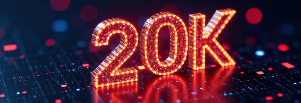 Glowing 20k sign representing twenty thousand followers or subscribers on digital background