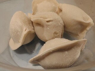 A close-up view of frozen dumplings covered in frost, showcasing their raw texture and delicate pleats. The dumplings appear freshly prepared and stored in a frozen state, ready for cooking. 