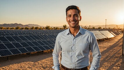 Latin Brazilian Business Executive in Renewable Energy Landscape at Sunset: Corporate Profile with Solar Panels for Sustainable Branding and Marketing