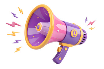 A Vibrant 3D Render of a Purple and Pink Megaphone with Yellow Accents, Surrounded by Electric Lightning Bolts, Ideal for Announcement and Promotion Concepts.