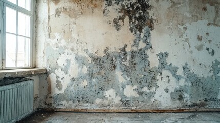 Moldy wall inside room shows dampness. Fungal growth damages interior. High humidity created damage. Poor sanitation issue. Wall needs repair, sanitation. Indoor damage. Old building, possible
