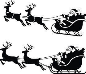 Black and white silhouette of Santa Claus riding a sleigh pulled by three leaping reindeer in mid-flight

