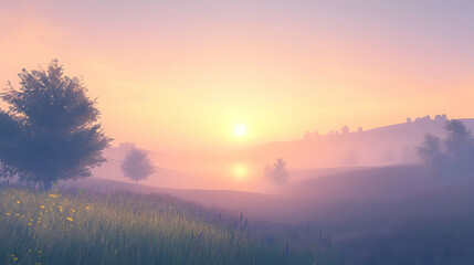 Fototapeta premium Sunrise over Misty Meadow: A Serene Landscape