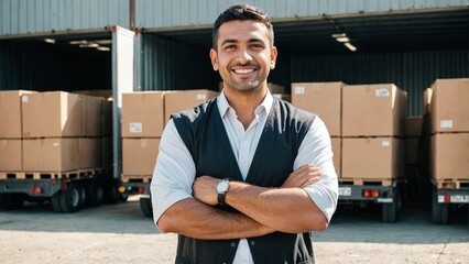 Arab Business Professional in Front of Warehouse with Stacked Cargo: Modern Logistics, Supply Chain, and Industrial Operations Visual for Corporate Marketing and Business Presentations