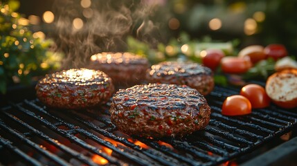 Juicy Grilled Burgers Cooking on Open Flame  
