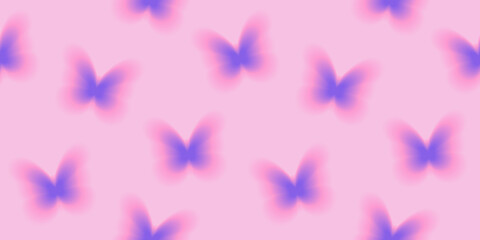 Seamless pattern with aura gradient butterflies in pink, purple colors. Soft print design background for fabric wallpaper, textile cover, wrapping paper, backdrop.