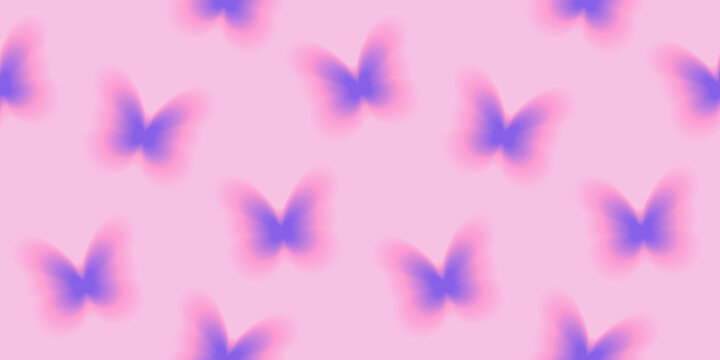 Seamless pattern with aura gradient butterflies in pink, purple colors. Soft print design background for fabric wallpaper, textile cover, wrapping paper, backdrop.