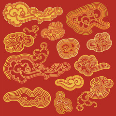 Gold clouds. Different template in chinese style for  design. Traditional asian auspicious symbols. Objects isolated on a red background. Vector set.