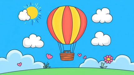 Cartoon hot air balloon in a sky with clouds and flowers