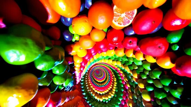 Complicated twirling background of colorful fruits in a vibrant spiral tunnel.