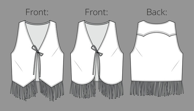 Vector sleeveless jacket with tassel trim fashion CAD, summer woman vest with fringe technical drawing, template, flat, sketch. Suede or woven fabric 2 pcs set vest with front, back view, white color