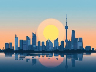Obraz premium Sunrise cityscape, modern skyscrapers, city skyline reflection, urban landscape, stock photo