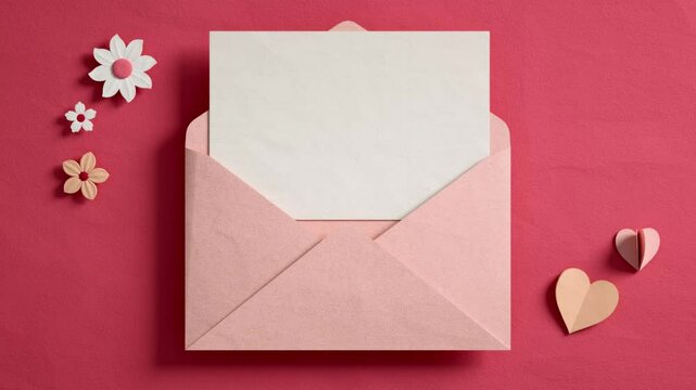 A blank card comes out from inside an envelope, surrounded by hearts and flowers in paper cut style. Video background for love messages, celebrate Mothers Day or Valentines in 3D animation