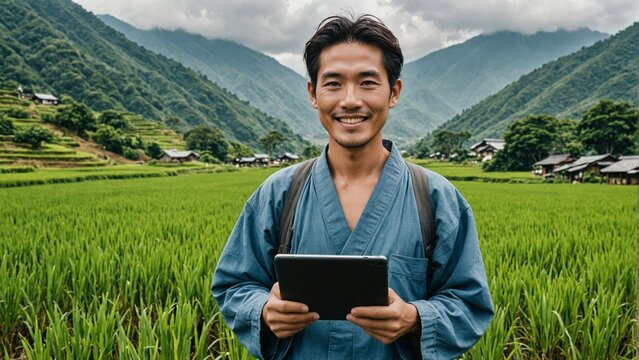 Smiling Japanese Man in Traditional Attire with Modern Tablet Against Lush Terraced Fields and a Mountain Landscape: Authentic Cultural Portrait Merging Heritage and Innovation for Editorial and Peopl