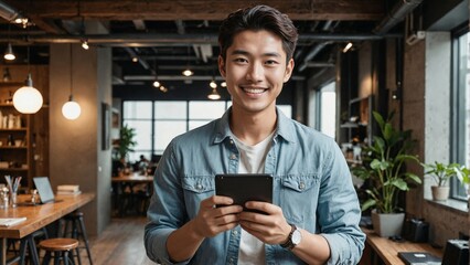 Smiling Asian Startup Entrepreneur in a Contemporary Co‑Working Environment with Tablet: Visionary Business Leader Fueling Digital Transformation and Startup Growth