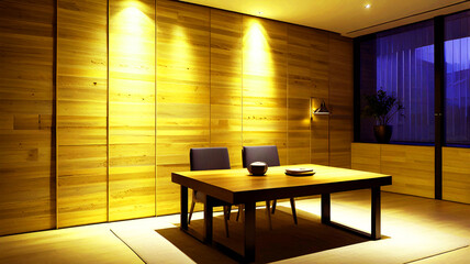 Minimalist Japanese interior, warm wood paneling, low table, tatami mats, ambient lighting