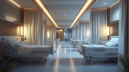 Quiet hospital ward with neatly arranged beds, privacy curtains, and minimal lighting