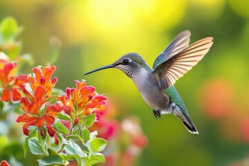 Fototapeta premium Hummingbird hovering near a vibrant red flower