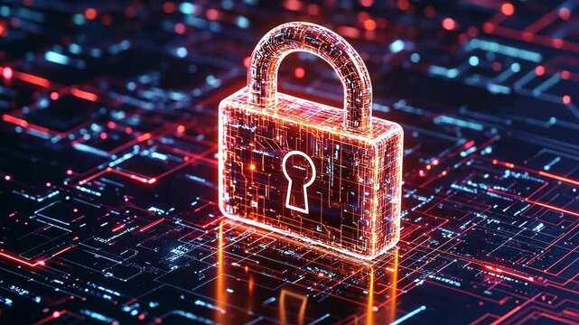 Digital lock symbol representing cybersecurity in a futuristic network setting with glowing circuits and data patterns