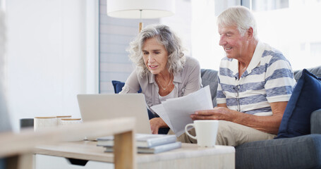 Obraz premium Home, senior couple and documents with laptop for financial management, budget and retirement plan. Sofa, man and woman with digital for review, online savings and investment with paperwork in house