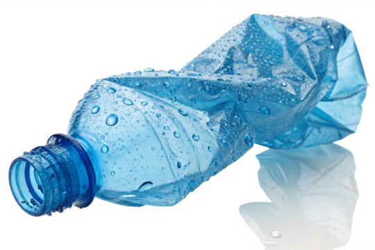 Crumpled Blue Plastic Bottle with Water Droplets on Transparent Background