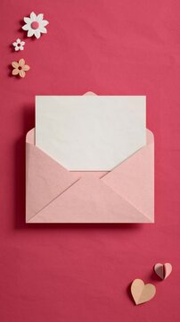 A blank card comes out from inside an envelope, surrounded by hearts and flowers in paper cut style. Video background for social media post, love messages, Mothers Day or Valentines in 3D animation
