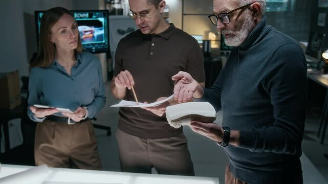 Medium shot of three Caucasian male and female car designers discussing ideas for new crossover model modification, reviewing blueprints, sketches and scale model and arguing about exterior styling