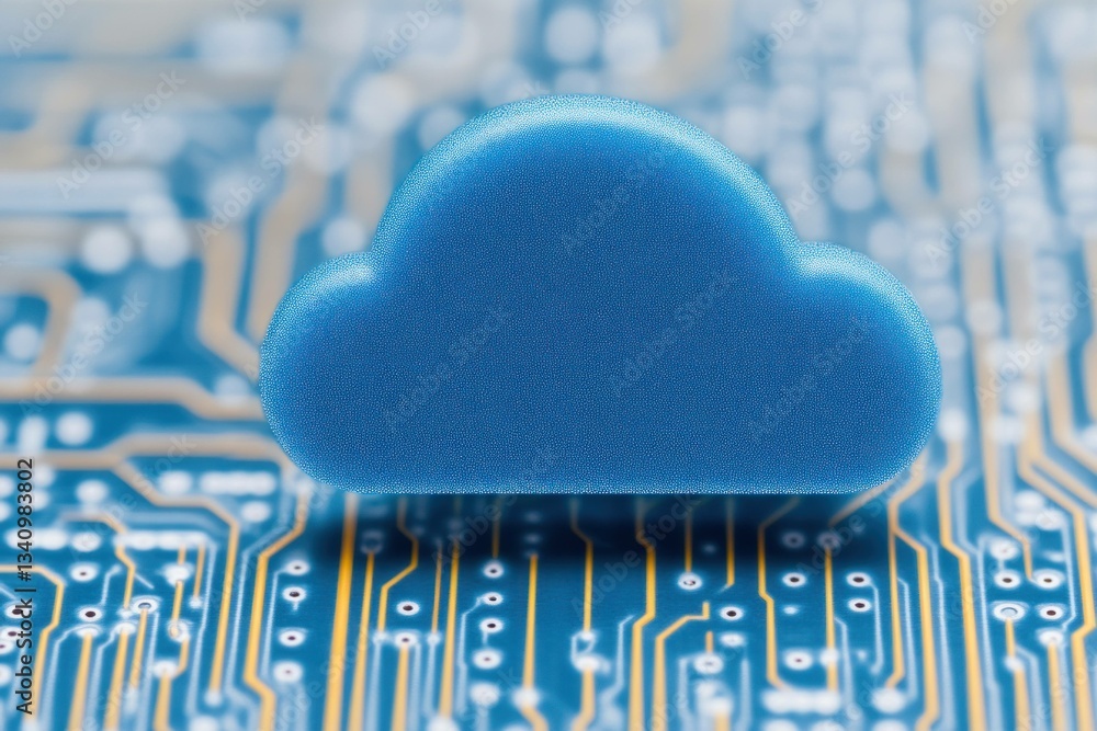 Poster blue cloud icon on a circuit board background, symbolizing cloud computing and technology innovation