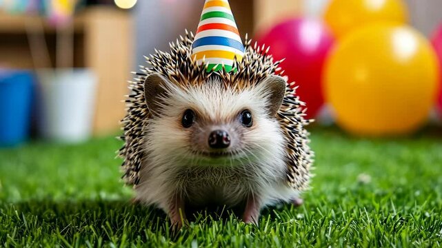 Happy hedgehog celebrating a birthday with colorful balloons and a festive party hat in a cozy indoor setting