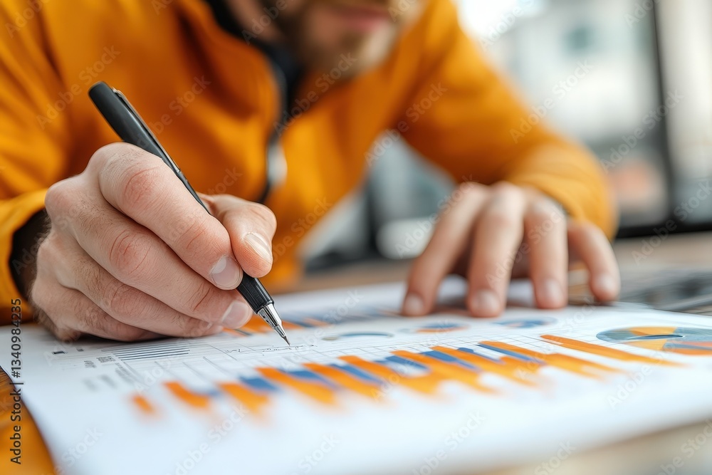 Aufkleber man analyzes financial data on charts and graphs at desk using pen, identifying key insights for bus