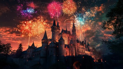 Enchanted Castle Celebration: A Spectacular Fireworks Display Over Medieval Fortress