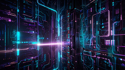 Obraz premium Digital art of a futuristic cityscape at night, with neon lights and reflections on a wet surface, vibrant colors, purple, blue, and pink, high contrast, intricate circuit board-like patterns