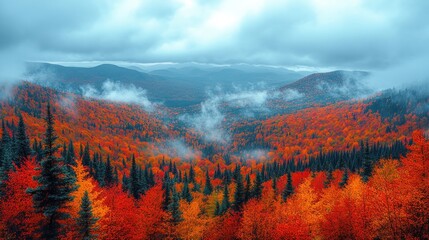 Misty autumn mountain valley with vibrant red and orange foliage.