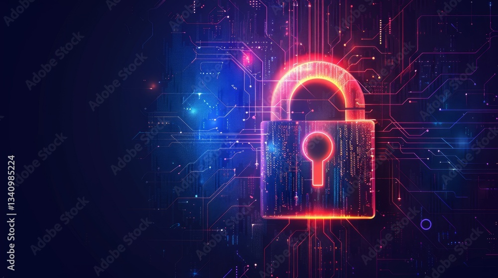 Poster digital lock symbolizing data protection against ai threats and malware breaches in cybersecurity