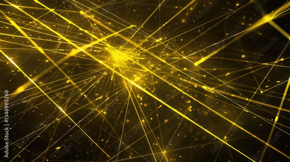 Poster a stunning visual of dynamic yellow laser rays emanating against a deep black background, creating a