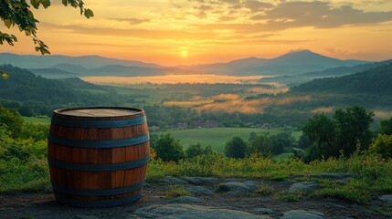 Wooden barrel at sunrise overlooking misty valley and mountains.