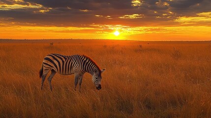 Fototapeta premium Zebra grazing in golden savanna at sunset.