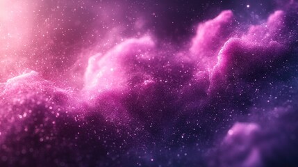 Abstract cosmic nebula with pink and purple clouds, glittering particles, and a soft light.