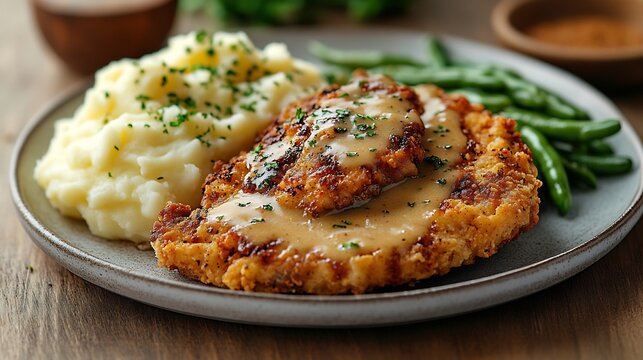 American style chicken fried steak mashed potatoes and gravy garnished with green beans served on a white plate comfort food for lunch or dinner