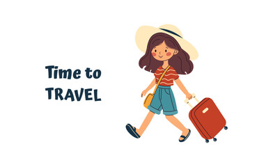 Cute funny girl in a straw hat with suitcase. Tourist character, traveling girl. Woman with backpack and luggage. Travel concept, time to travel. Hand drawn illustration