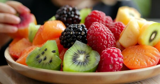 Close-up view of a child's hand reaching for a piece of fruit from a colorful fruit salad. The salad consists of raspberries, blackberries, kiwi, and orange segments arranged on a wooden plate