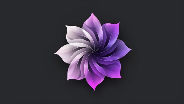 A purple and white gradient flower logo, style with simple shapes on a dark grey background.