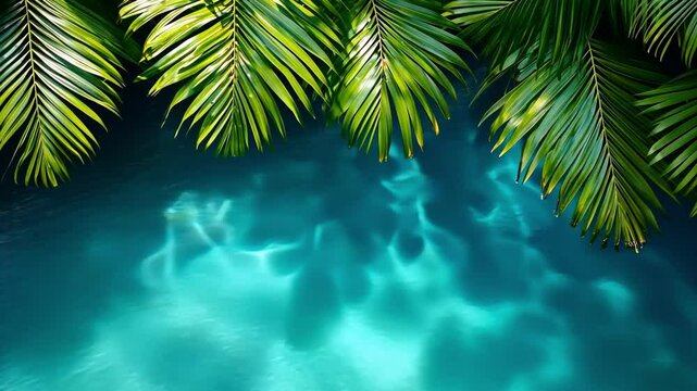 Tropical leaves gently hover over shimmering, transparent pool water, creating a serene atmosphere. The sunlight reflects on the water&rsquo;s surface, perfect for vacation, nature, or relaxation-themed pro